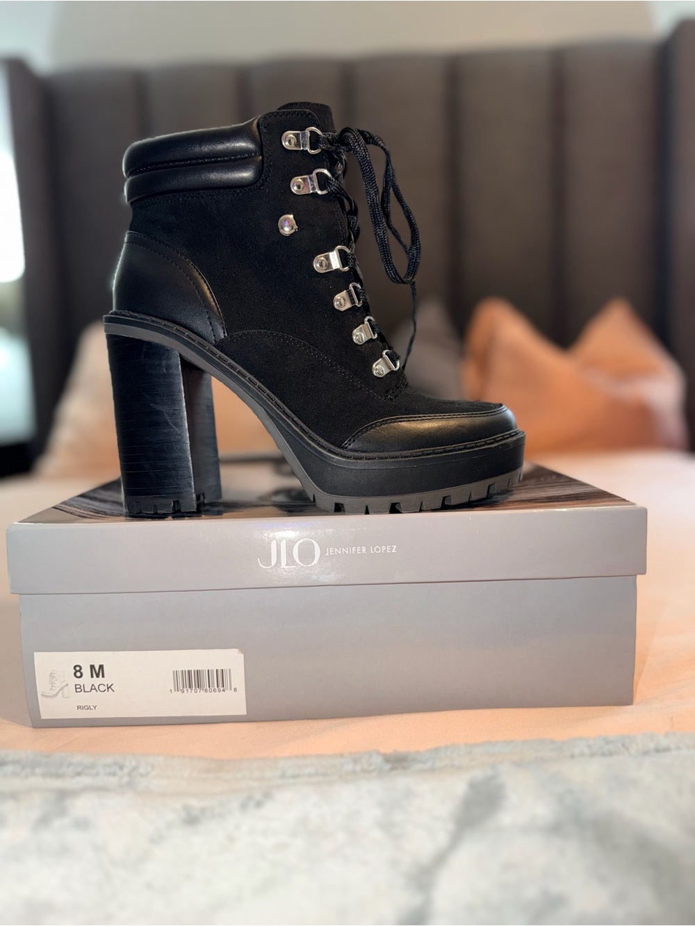 JLO Jennifer Lopez | Rigly | Black Platform Lace-Up Heeled Boots | 8M | NIB